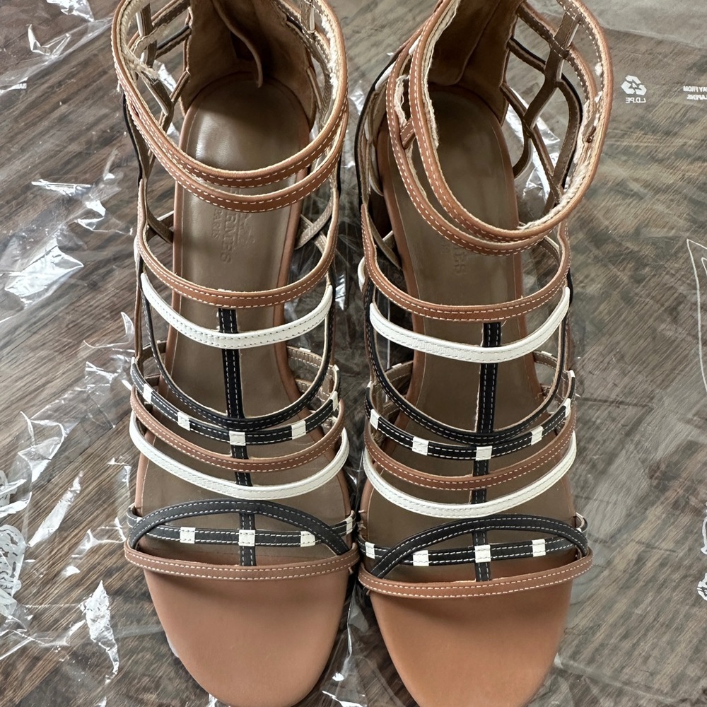 Hermes Tan, Black, and Cream Strappy Sandals